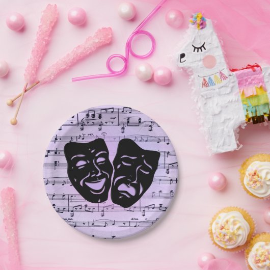 Paarse muziek- en theatermaskers papieren bordje (Feest)