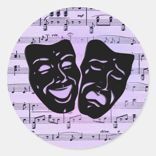 Paarse muziek- en theatermaskers ronde sticker (Voorkant)