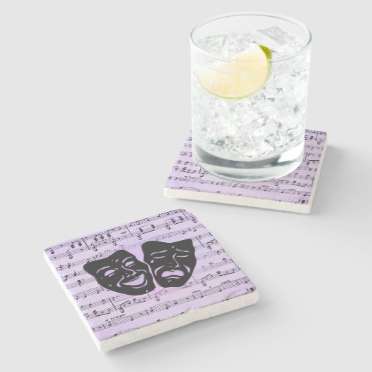 Paarse muziek- en theatermaskers stenen onderzetter (Zijkant)