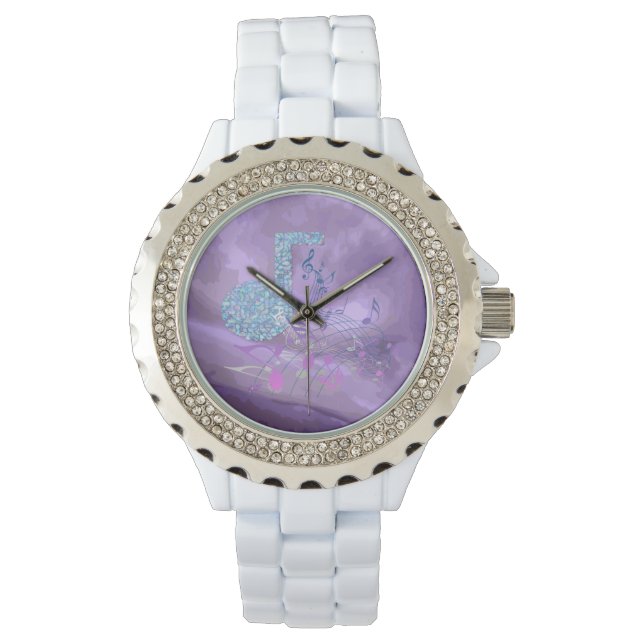 Paarse Muzieknoten Abstract Rhinestone White Watch Horloge (Voorkant)