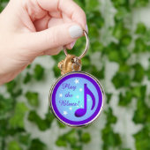 Paarse muzieknotitie Blauwe cirkelstars Afspelen B Sleutelhanger (Hand)