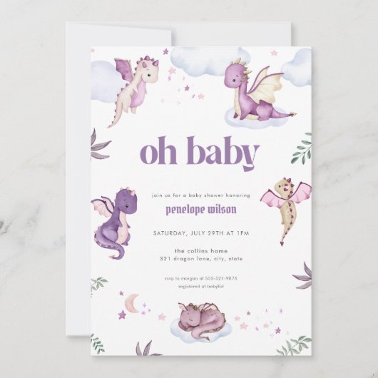 Paarse Mythical Dragon Baby shower Invitation Kaart (Voorkant)