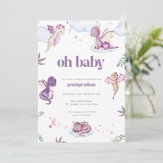 Paarse Mythical Dragon Baby shower Invitation Kaart (Staand voorkant)