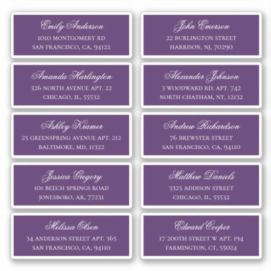 Paarse naam en adres van de gast. Bruiloft verzend Sticker (Voorkant)