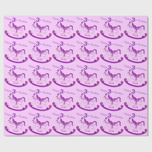 Paarse naam Rocking Horse 3rd Birthday Wrap Cadeaupapier (Vlak)