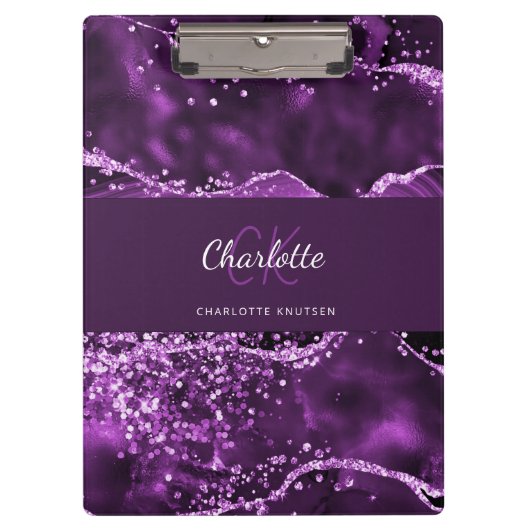Paarse naam van het marmer-monogram klembord (Voorkant)