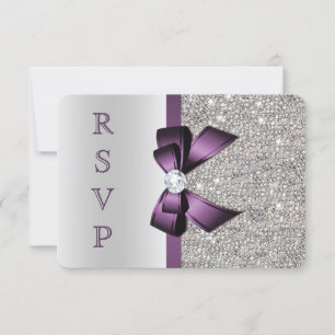 Paarse Nabootsing Boog Zilveren Lovertjes Diamant RSVP Kaartje