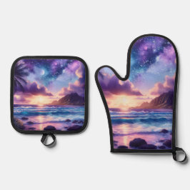 Paarse nacht Sky Moon Tropical Beach Ovenwant & Pannenlap Set