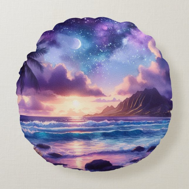 Paarse nacht Sky Moon Tropical Beach Rond Kussen (Voorkant)