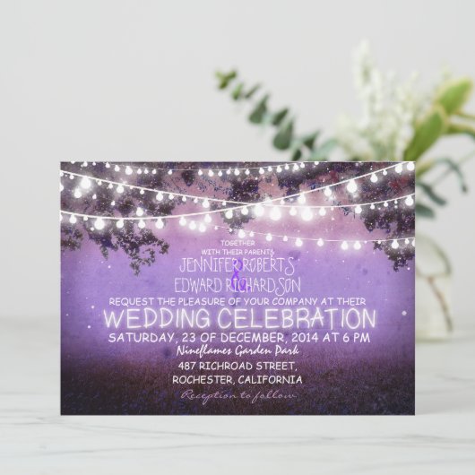 paarse nacht & tuinlichten rustieke bruiloft kaart (Staand voorkant)