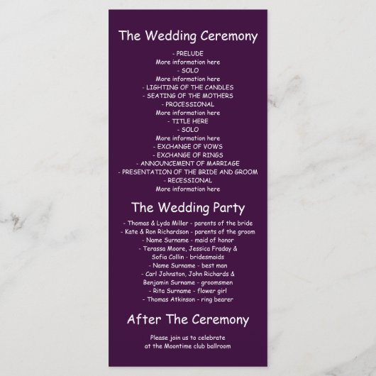 paarse nachtlichten bruiloft programma grillige ka programmakaart (Achterkant)