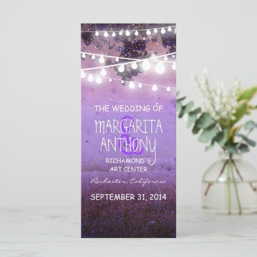 paarse nachtlichten bruiloft programma grillige ka programmakaart (Staand voorkant)