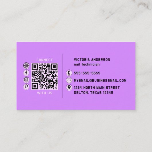 Paarse nagels Glitter zet Typografie Nail Tech Visitekaartje (Achterkant)