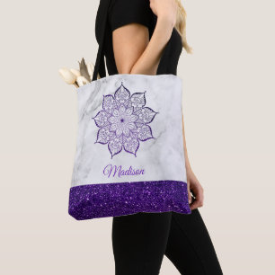 Paarse namaak glitters mandala op grijs & wit marm tote bag