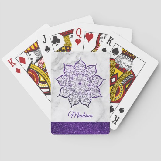 Paarse namaak glittersymbool op wit marmer pokerkaarten (Achterkant)