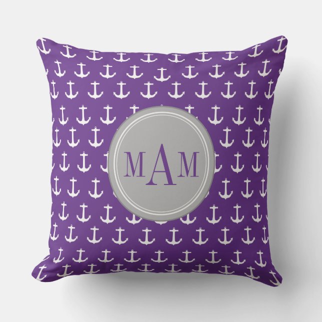 Paarse Nautical Anchor Print Monogram Sierkussen (Voorkant)