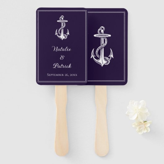 Paarse nautische anker bruiloft hand fans handwaaier (Voorkant en achterkant)