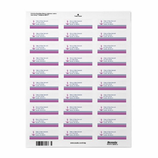 Paarse nautische hartanker monogram etiket (Full Sheet)