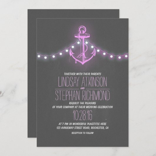 paarse nautische krijtbordankerbruiloft kaart (Voorkant / Achterkant)
