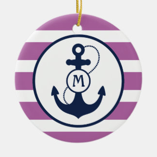 Paarse Nautische monogram Keramisch Ornament