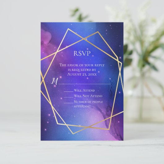 Paarse Nebula Celestial Art Geometric Gold RSVP Kaart (Staand voorkant)