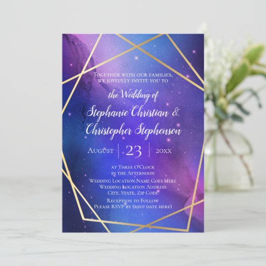 Paarse Nebula Celestial Art Geometric Gold Wedding Kaart (Staand voorkant)