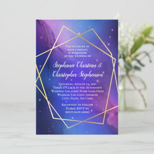 Paarse Nebula Celestial Art Geometric Gold Wedding Kaart (Staand voorkant)