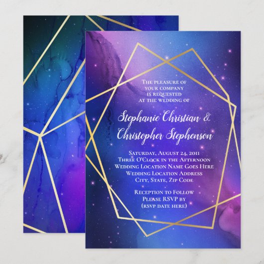 Paarse Nebula Celestial Art Geometric Gold Wedding Kaart (Voorkant / Achterkant)