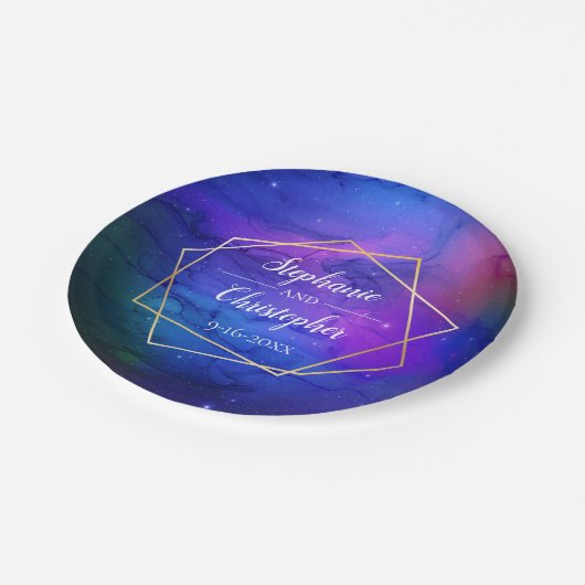 Paarse Nebula Celestial Art Geometric Gold Wedding Papieren Bordje (Gekanteld)