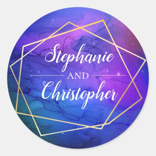 Paarse Nebula Celestial Art Geometric Gold Wedding Ronde Sticker (Voorkant)
