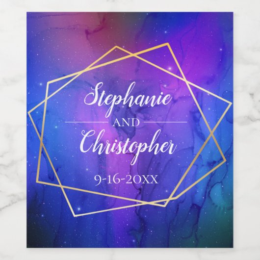 Paarse Nebula Celestial Art Geometric Gold Wedding Wijn Etiket (Enkel label)