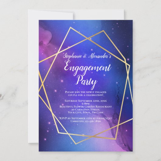 Paarse Nebula Celestial Geometric Gold Verloving Kaart (Voorkant)