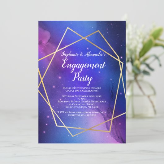 Paarse Nebula Celestial Geometric Gold Verloving Kaart (Staand voorkant)