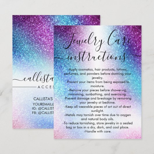 Paarse Nebula Galaxy Glitter Sieraden Care Kaart Notitiekaartje (Voorkant / Achterkant)