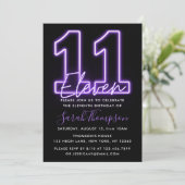 Paarse Neon 11th Birthday Invitation Kaart (Staand voorkant)