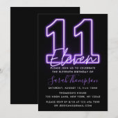Paarse Neon 11th Birthday Invitation Kaart (Voorkant / Achterkant)