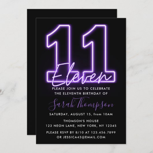 Paarse Neon 11th Birthday Invitation Kaart