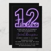 Paarse Neon 12e verjaardag Uitnodiging (Voorkant / Achterkant)