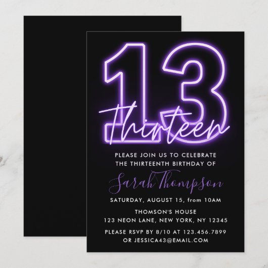Paarse Neon 13e verjaardag Uitnodiging (Voorkant / Achterkant)