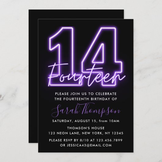 Paarse Neon 14e uitnodiging (Voorkant / Achterkant)