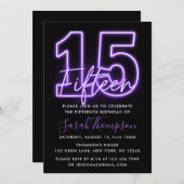 Paarse Neon 15e verjaardag Uitnodiging (Voorkant / Achterkant)