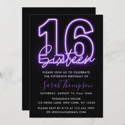 Paarse Neon 16e verjaardag Uitnodiging (Voorkant / Achterkant)
