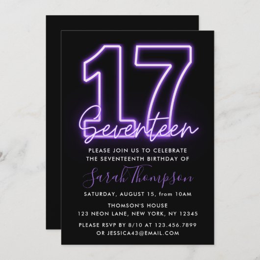 Paarse Neon 17e verjaardag Uitnodiging (Voorkant / Achterkant)