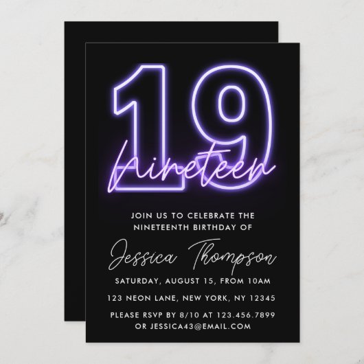 Paarse Neon 19e verjaardag Uitnodiging (Voorkant / Achterkant)
