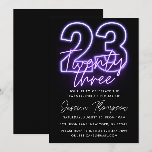 Paarse Neon 23rd Birthday Kaart (Voorkant / Achterkant)