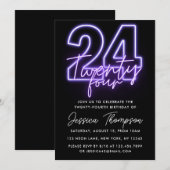 Paarse Neon 24th Birthday Uitnodiging (Voorkant / Achterkant)