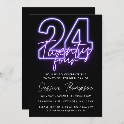 Paarse Neon 24th Birthday Uitnodiging (Voorkant / Achterkant)