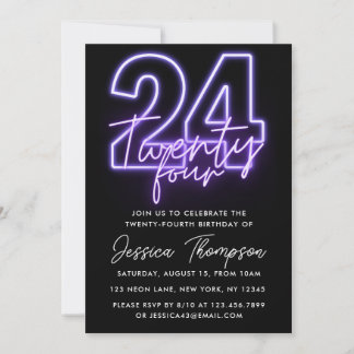 Paarse Neon 24th Birthday Uitnodiging