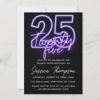 Paarse Neon 25th Birthday Uitnodiging