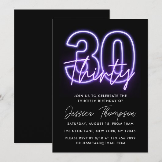 Paarse Neon 30th Birthday Uitnodiging (Voorkant / Achterkant)